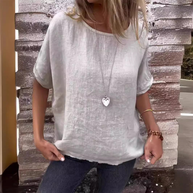 Einfarbiges Rundhals-Shirt aus Baumwollleinen für Damen