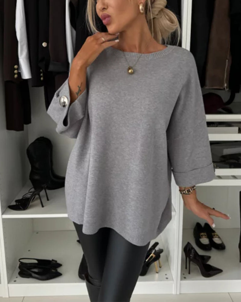 Einfarbiger Button-Down-Pullover mit Rundhalsausschnitt