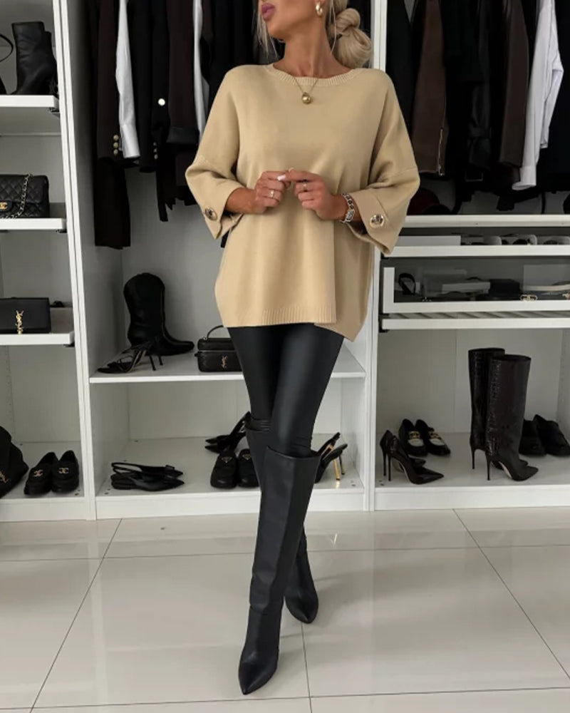 Einfarbiger Button-Down-Pullover mit Rundhalsausschnitt