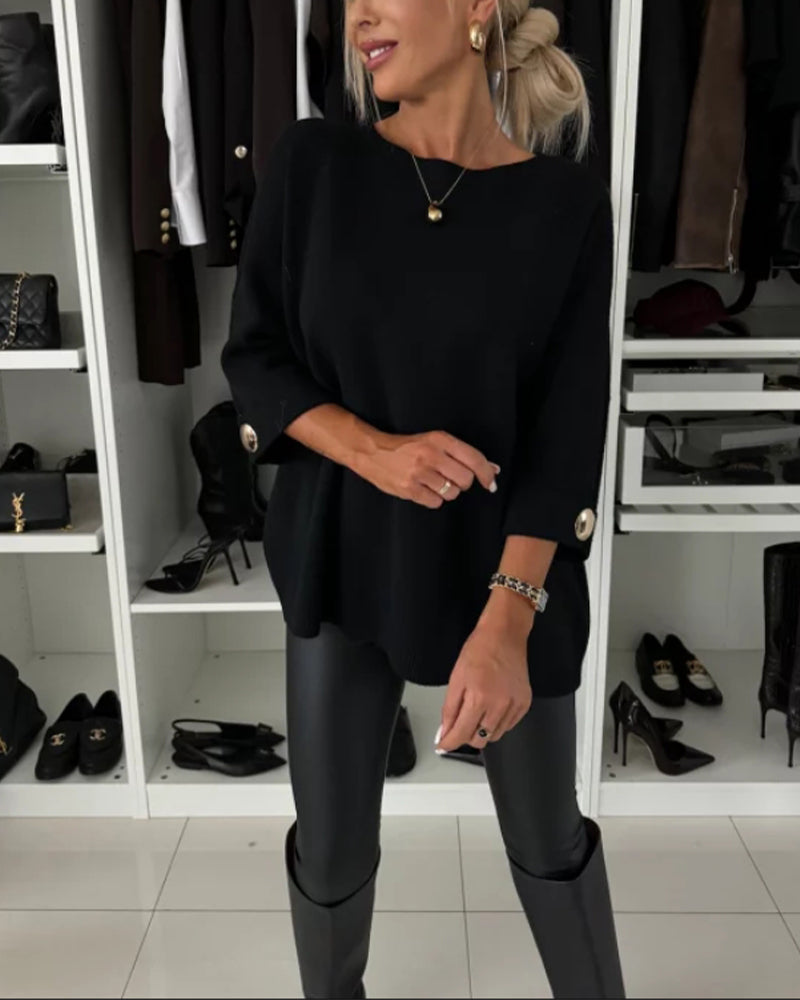 Einfarbiger Button-Down-Pullover mit Rundhalsausschnitt