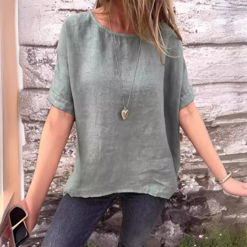 Einfarbiges Rundhals-Shirt aus Baumwollleinen für Damen