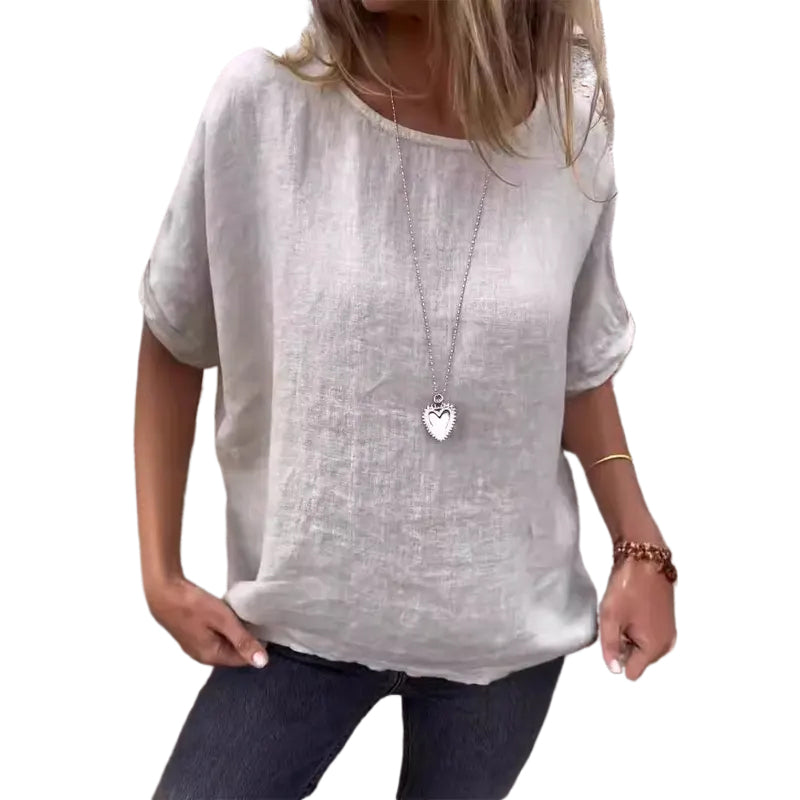 Einfarbiges Rundhals-Shirt aus Baumwollleinen für Damen