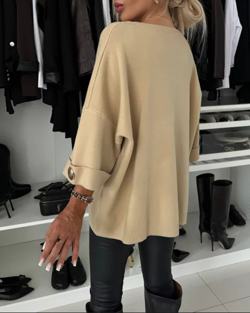 Einfarbiger Button-Down-Pullover mit Rundhalsausschnitt
