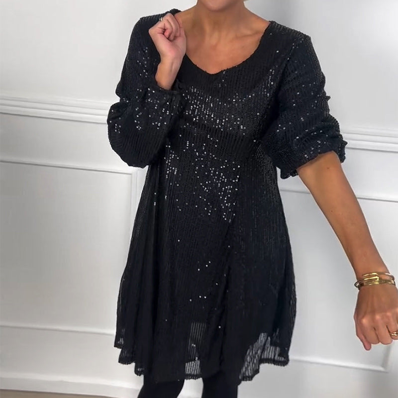 Elegantes A-Linien-Kleid mit Laternenärmeln und Pailletten