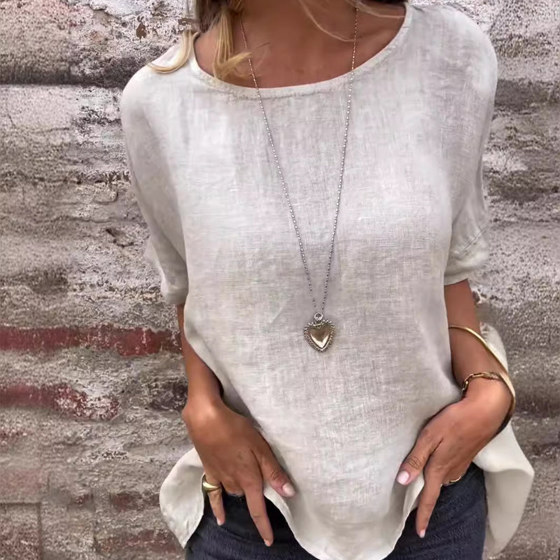 Einfarbiges Rundhals-Shirt aus Baumwollleinen für Damen