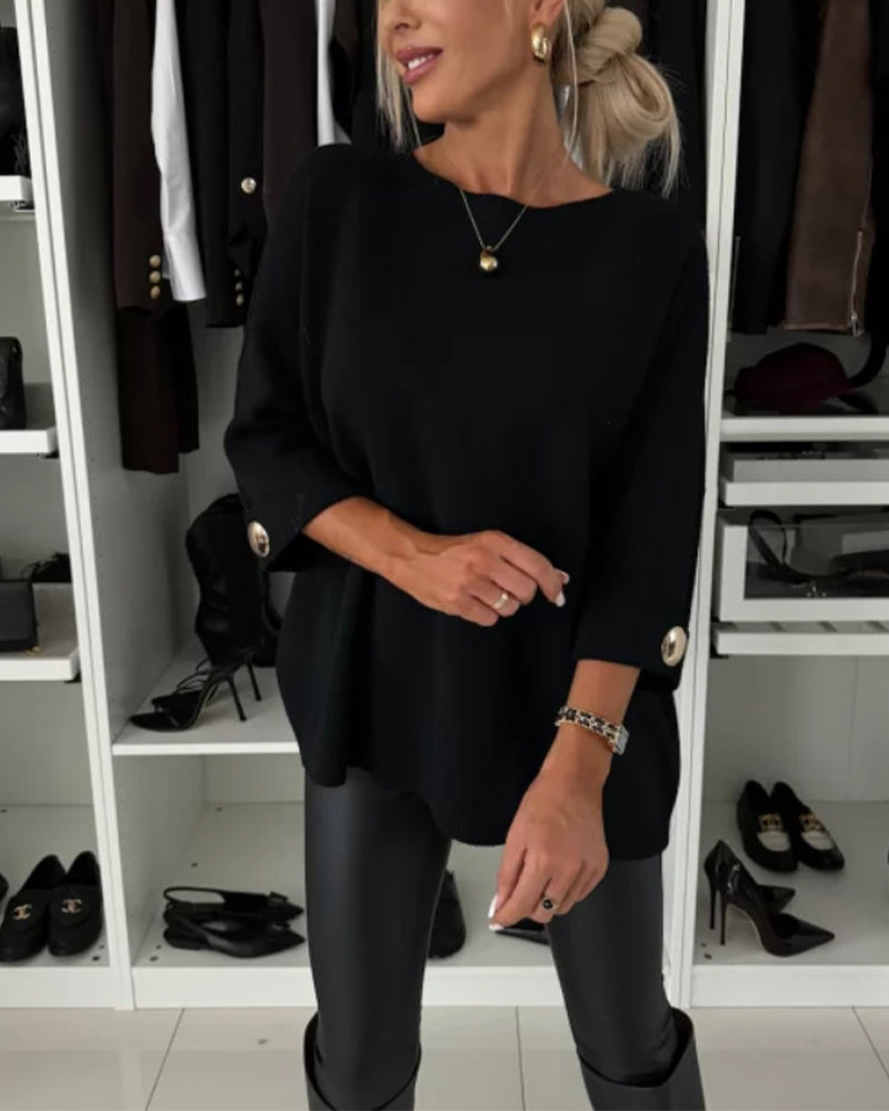 Einfarbiger Button-Down-Pullover mit Rundhalsausschnitt