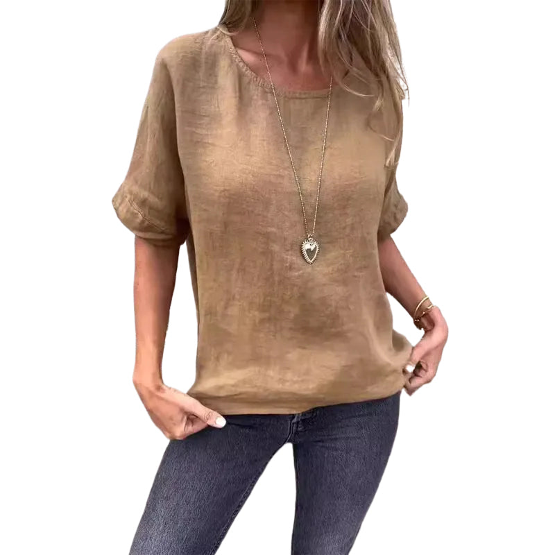 Einfarbiges Rundhals-Shirt aus Baumwollleinen für Damen
