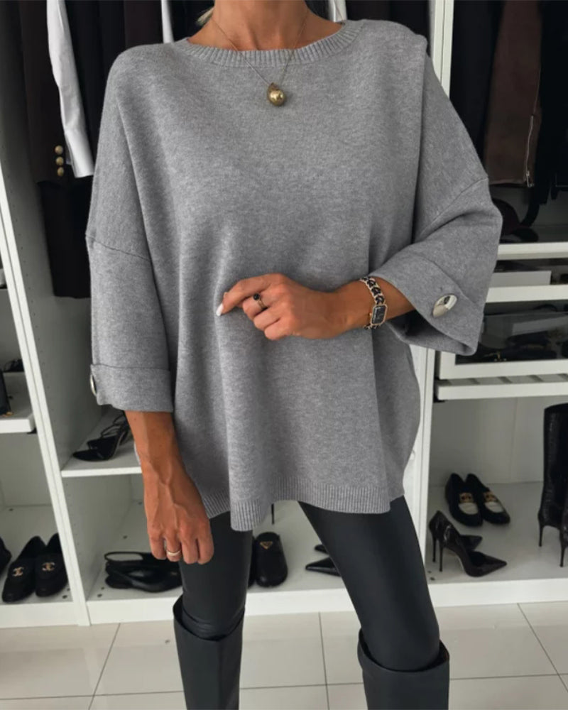 Einfarbiger Button-Down-Pullover mit Rundhalsausschnitt
