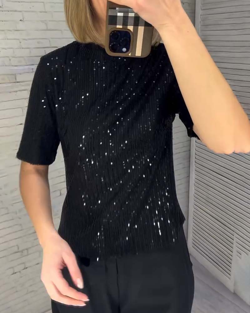 Schlankmachendes Kurzarm-T-Shirt mit Pailletten