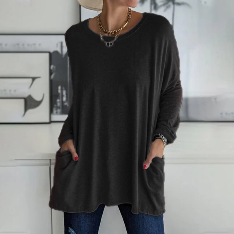 Langärmliges Einfarbiges T-Shirt mit Rundhalsausschnitt und Tasche