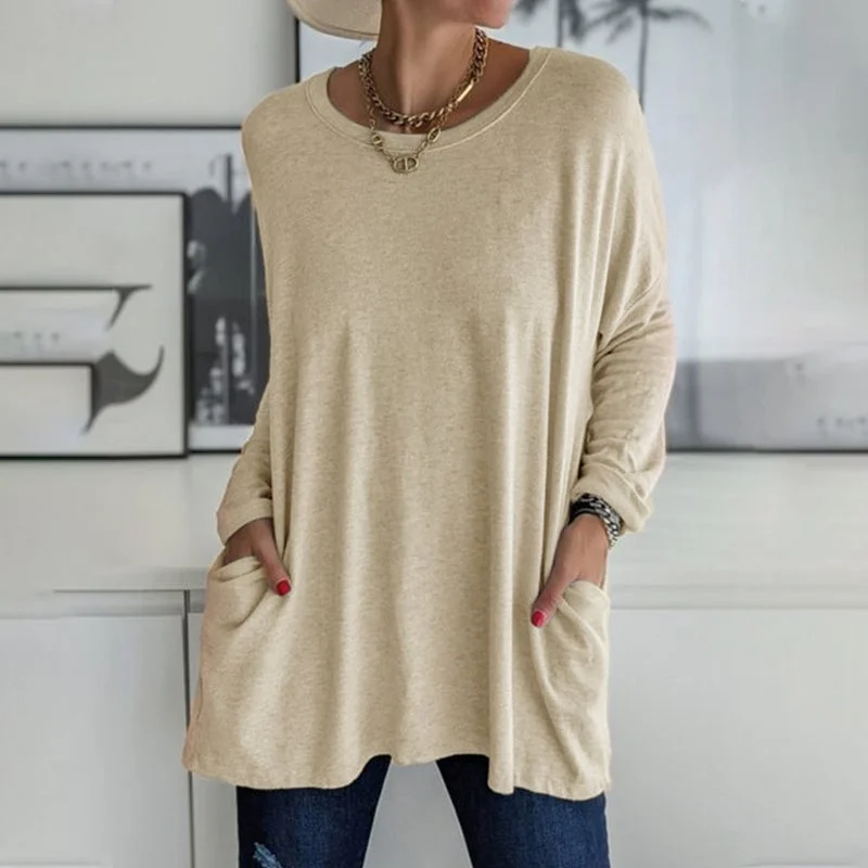 Langärmliges Einfarbiges T-Shirt mit Rundhalsausschnitt und Tasche