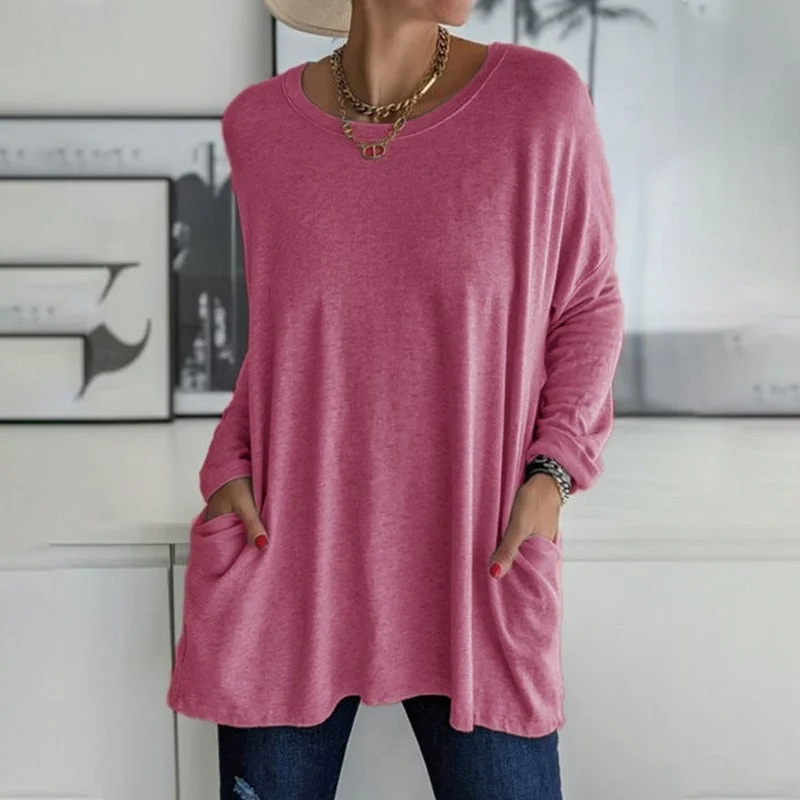 Langärmliges Einfarbiges T-Shirt mit Rundhalsausschnitt und Tasche