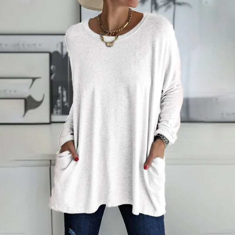 Langärmliges Einfarbiges T-Shirt mit Rundhalsausschnitt und Tasche