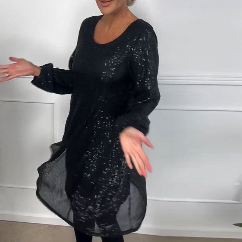 Elegantes A-Linien-Kleid mit Laternenärmeln und Pailletten