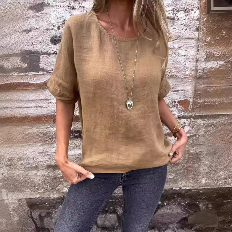 Einfarbiges Rundhals-Shirt aus Baumwollleinen für Damen