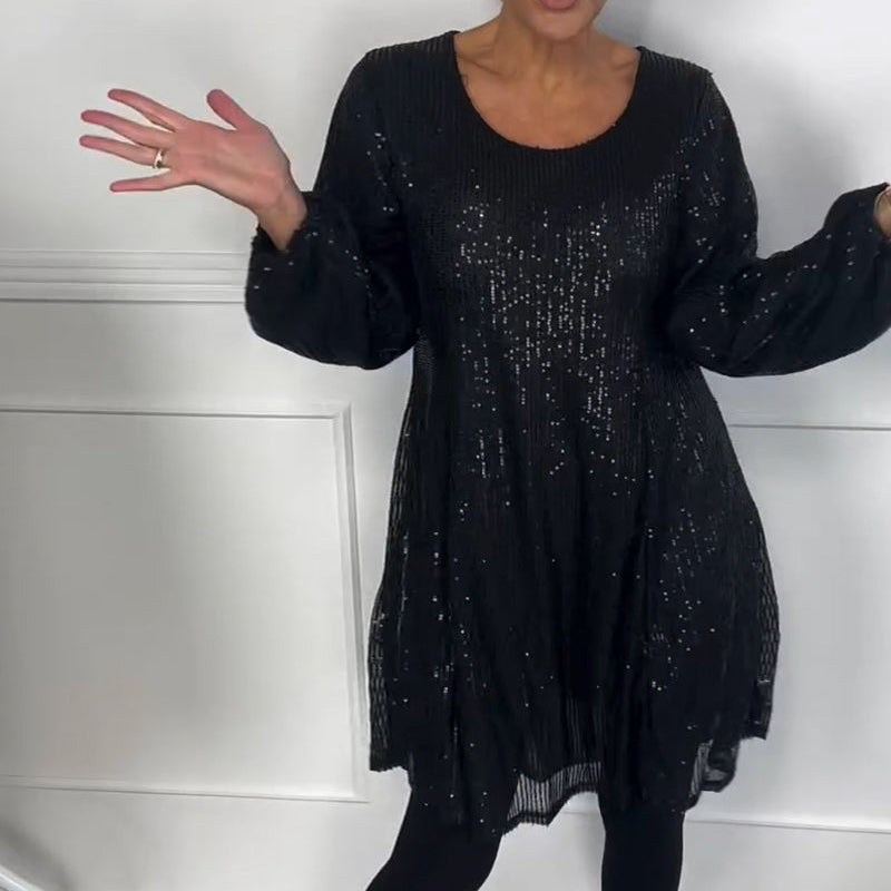 Elegantes A-Linien-Kleid mit Laternenärmeln und Pailletten