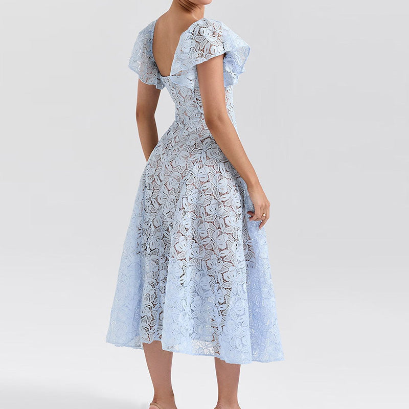 Neues Spitzenkleid mit Lotusärmeln für Frühling und Herbst