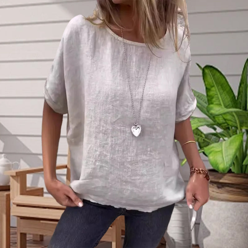 Einfarbiges Rundhals-Shirt aus Baumwollleinen für Damen