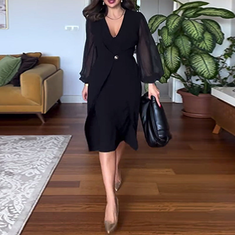 V-Neck Lantern Sleeve Slim Dress