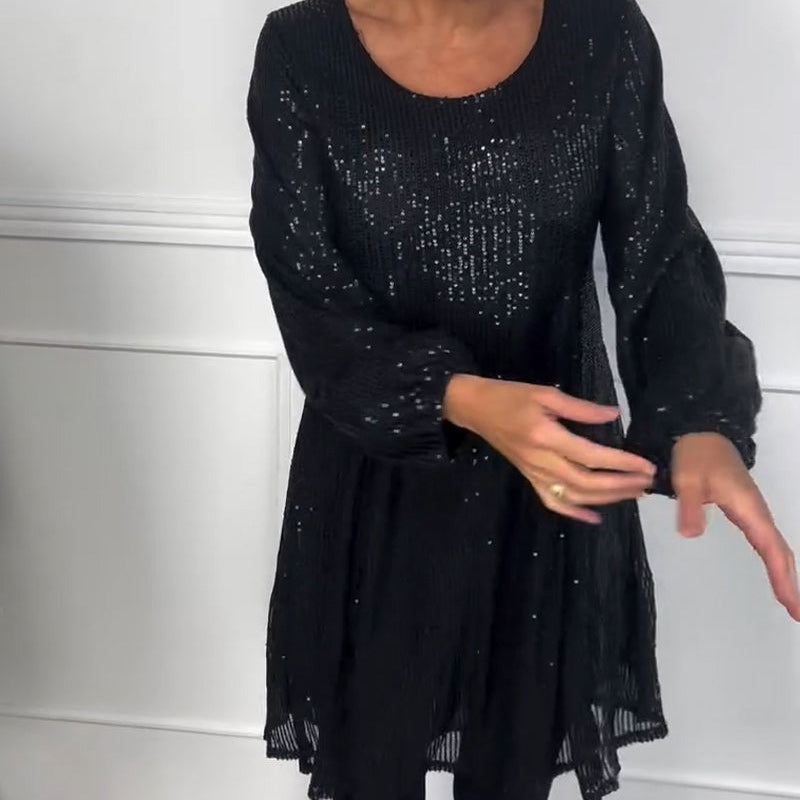Elegantes A-Linien-Kleid mit Laternenärmeln und Pailletten