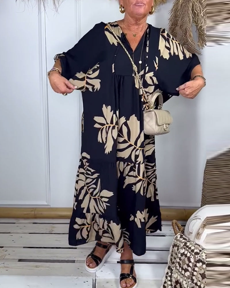 Lässiges Kleid mit kontrastierendem Blätter-Print