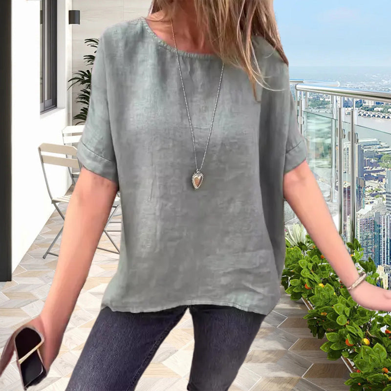 Einfarbiges Rundhals-Shirt aus Baumwollleinen für Damen