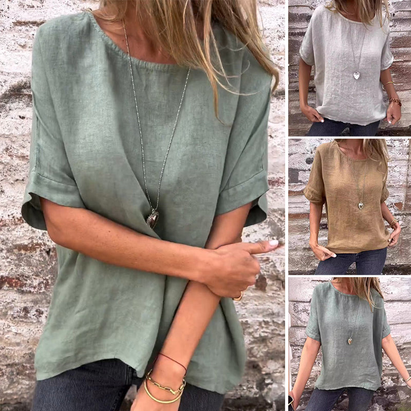 Einfarbiges Rundhals-Shirt aus Baumwollleinen für Damen