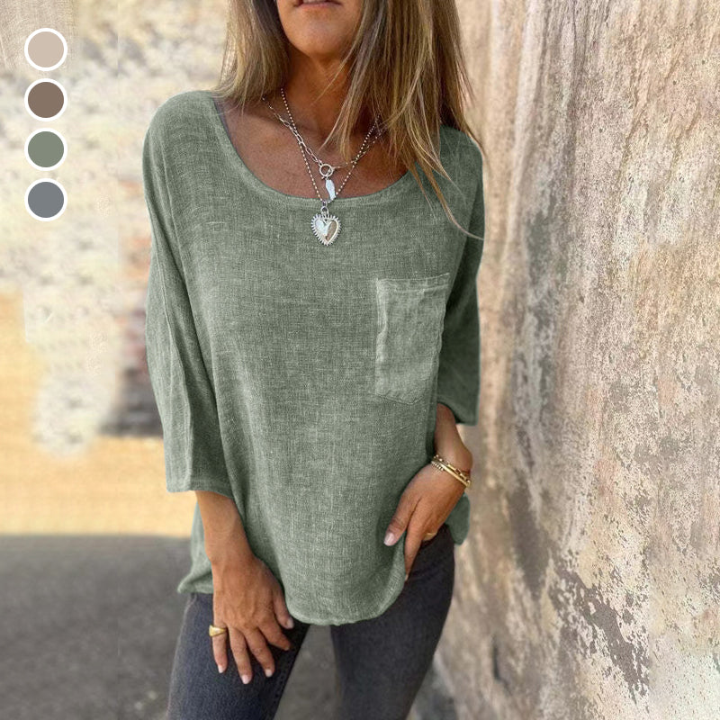 Lässiges T-Shirt mit Rundhalsausschnitt aus Baumwolle und Leinen mit Tasche