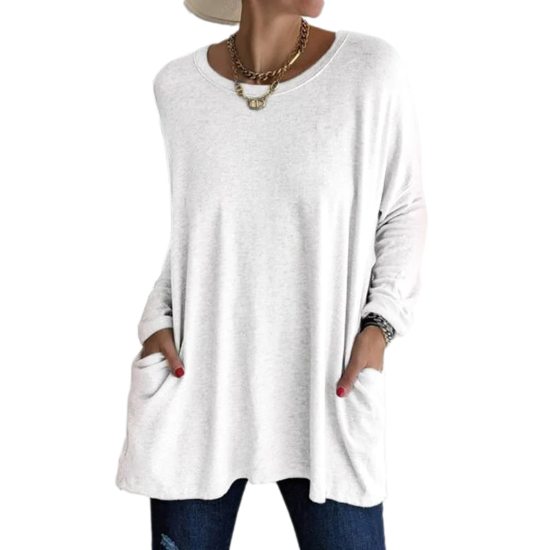 Langärmliges Einfarbiges T-Shirt mit Rundhalsausschnitt und Tasche