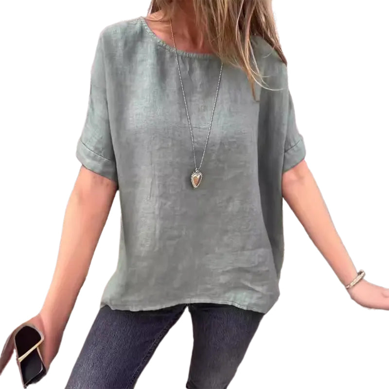 Einfarbiges Rundhals-Shirt aus Baumwollleinen für Damen