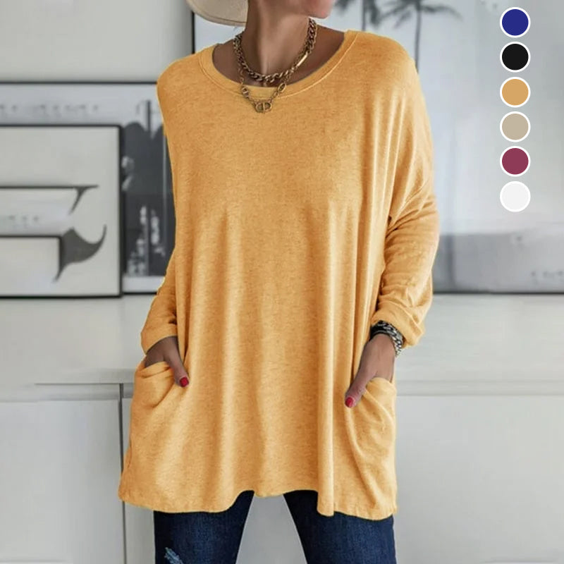 Langärmliges Einfarbiges T-Shirt mit Rundhalsausschnitt und Tasche