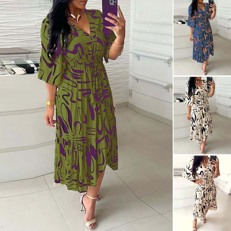 Kleid mit V-Ausschnitt und Tintendruck