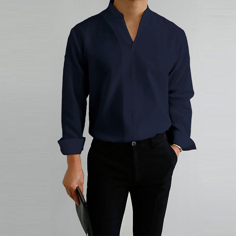 Lässiges einfarbiges langärmliges Hemd mit V-Ausschnitt für Herren