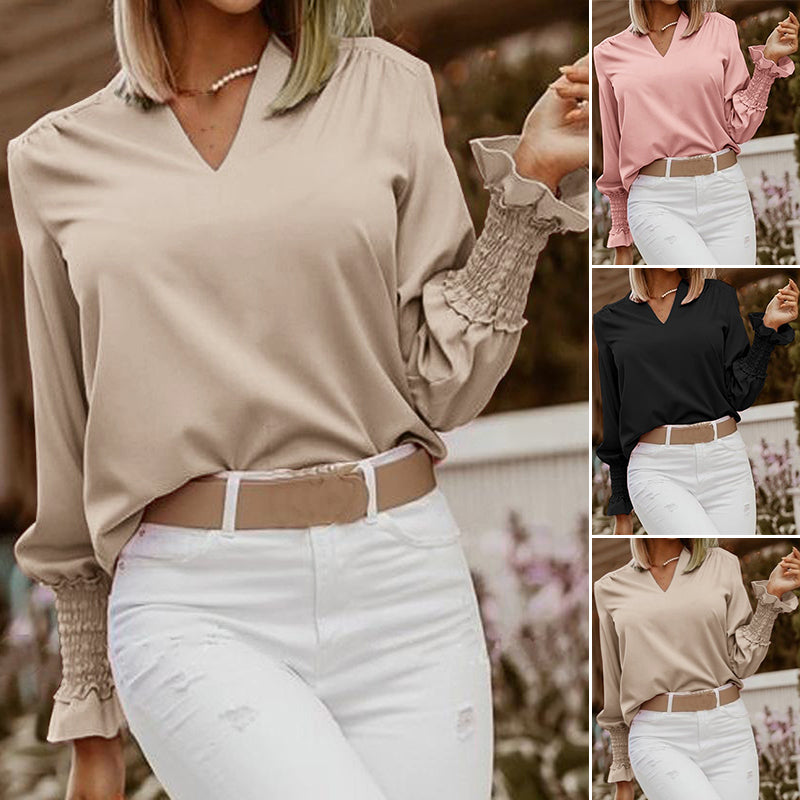 V-Neck Long Sleeve Loose Casual T-Shirt
