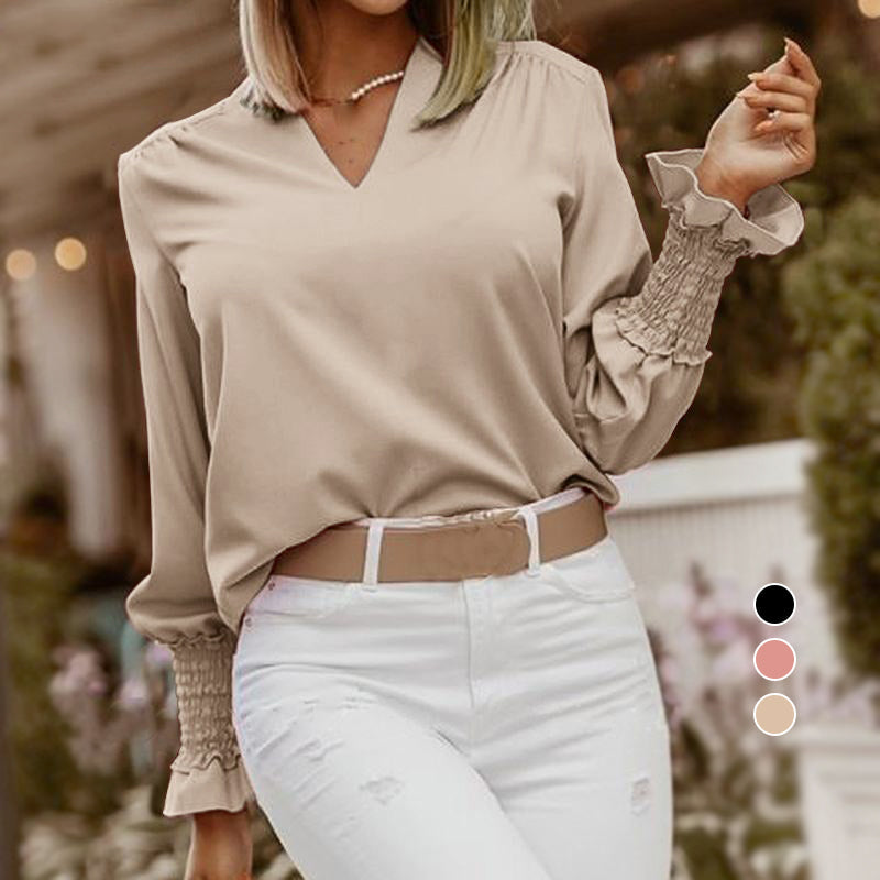 V-Neck Long Sleeve Loose Casual T-Shirt