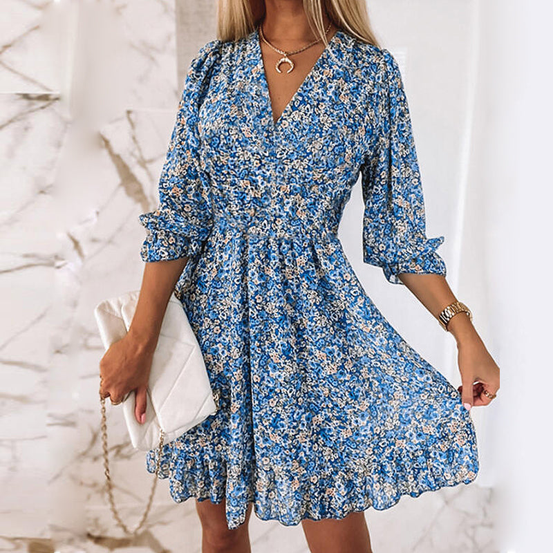 Damen bedrucktes mittelhohes Blumenkleid mit Puffärmeln