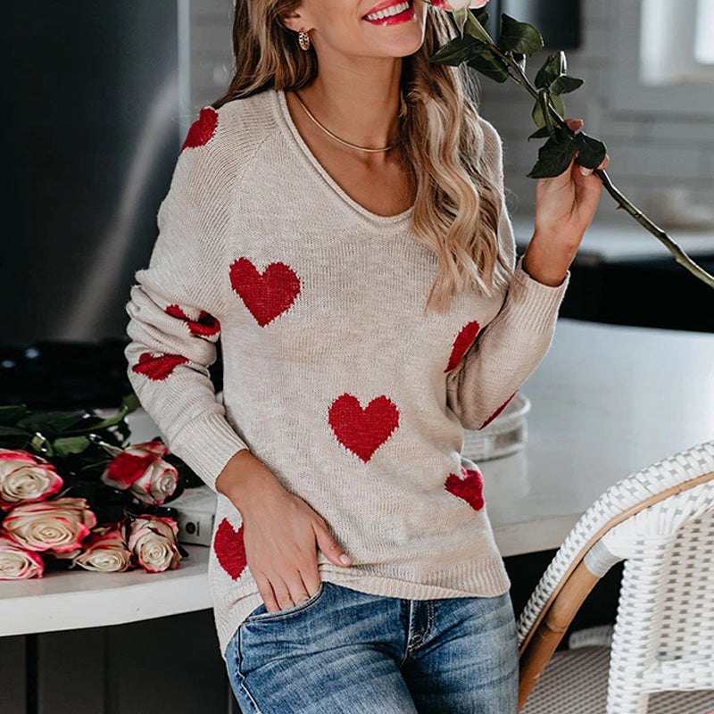 Herz V-Ausschnitt Strick Langarm Pullover