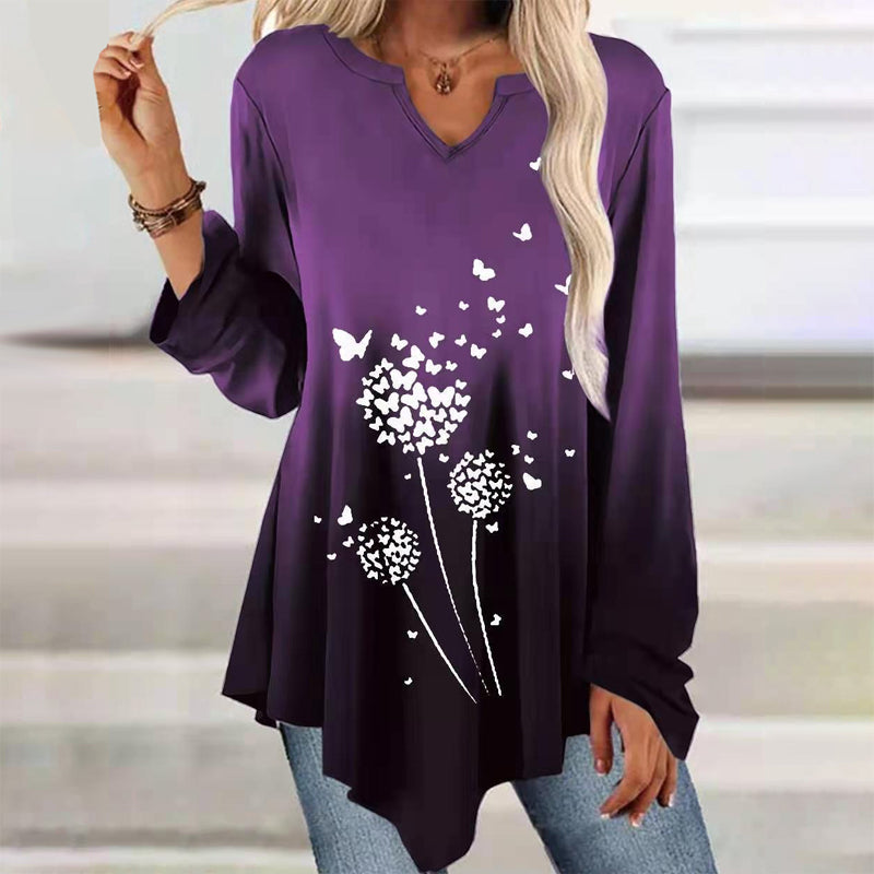 Langärmliges T-Shirt mit gerüschtem Saum und Farbverlauf