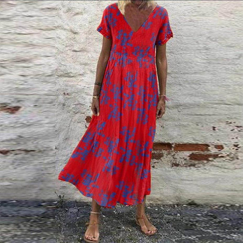 Kurzärmliges Lockeres Blumenkleid mit V-Ausschnitt für Damen – sonnenlit