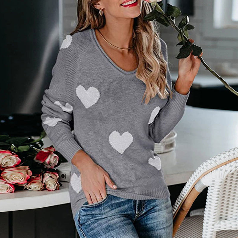 Herz V-Ausschnitt Strick Langarm Pullover