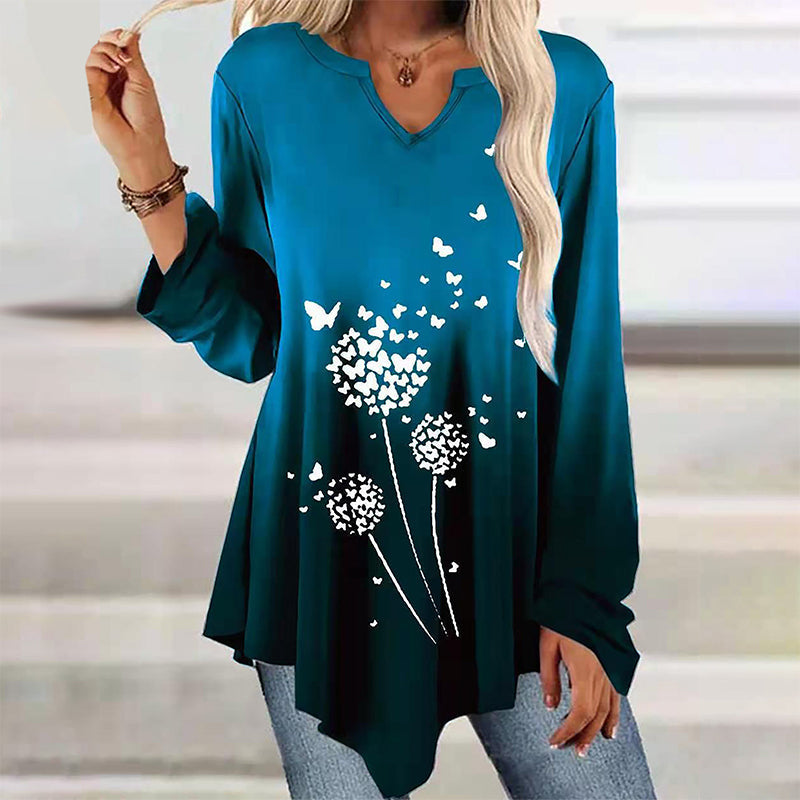 Langärmliges T-Shirt mit gerüschtem Saum und Farbverlauf