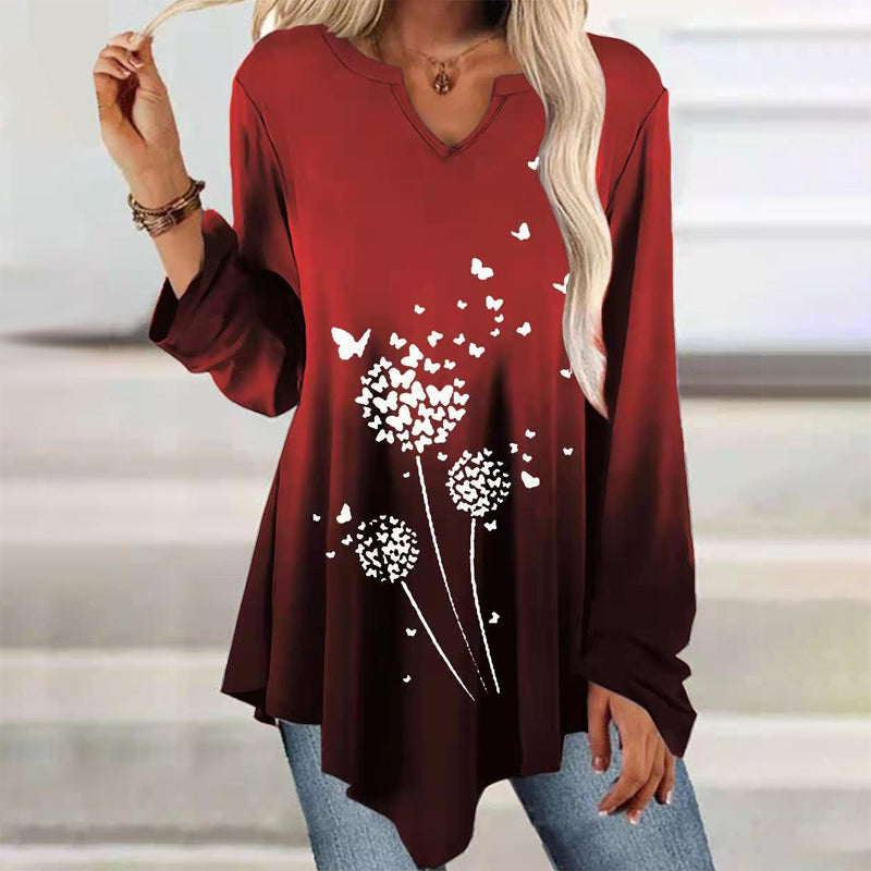 Langärmliges T-Shirt mit gerüschtem Saum und Farbverlauf
