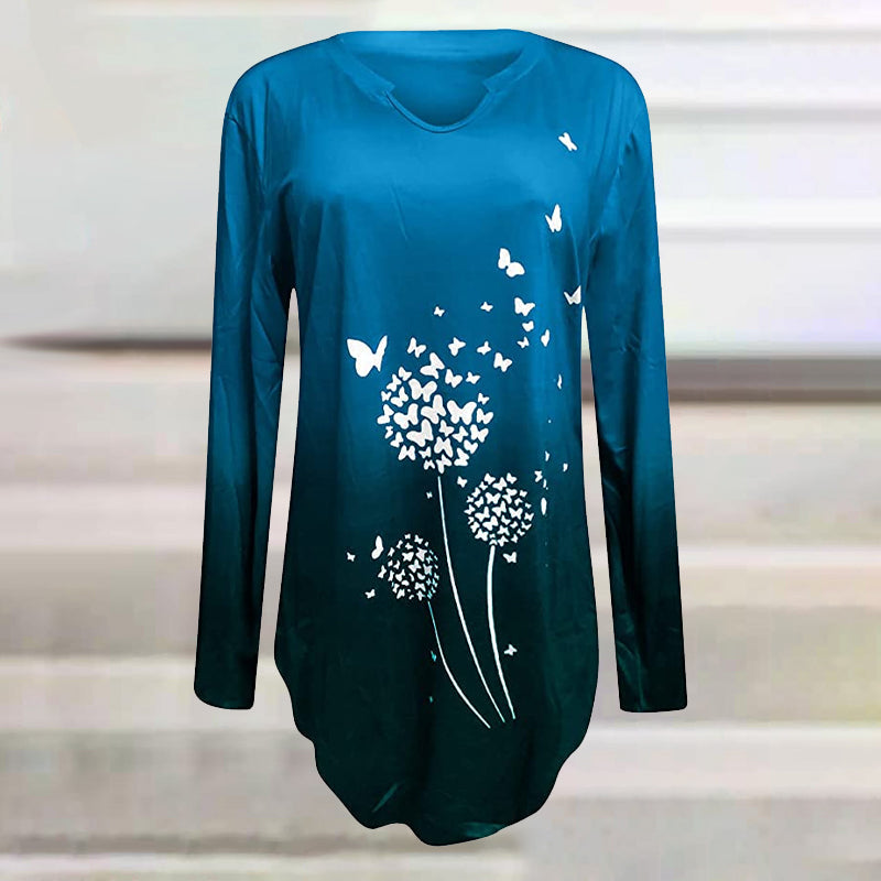 Langärmliges T-Shirt mit gerüschtem Saum und Farbverlauf