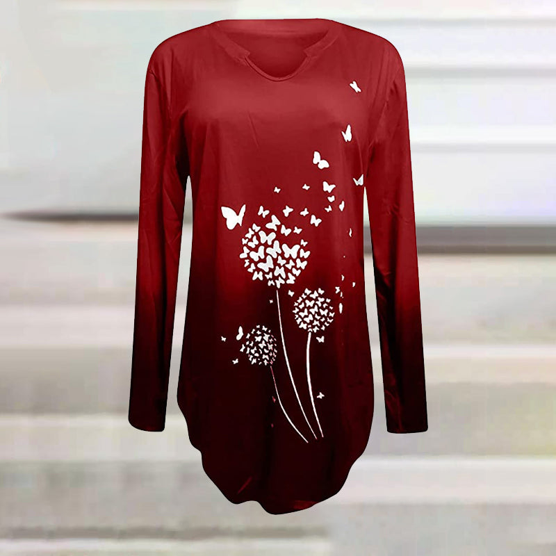 Langärmliges T-Shirt mit gerüschtem Saum und Farbverlauf