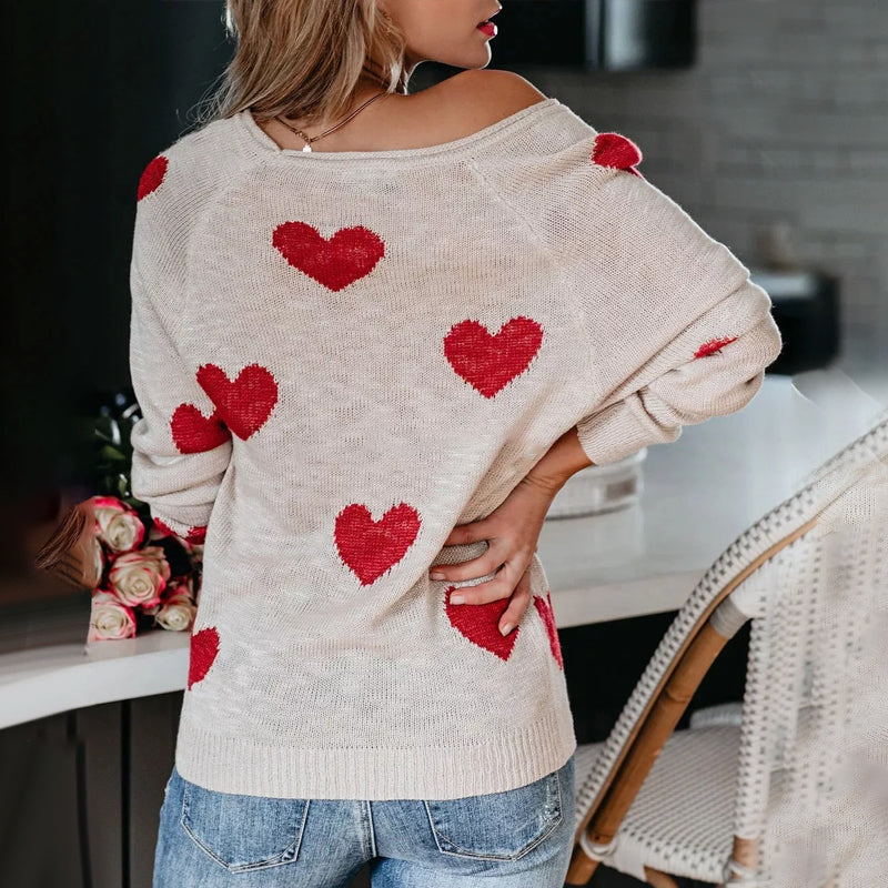 Herz V-Ausschnitt Strick Langarm Pullover