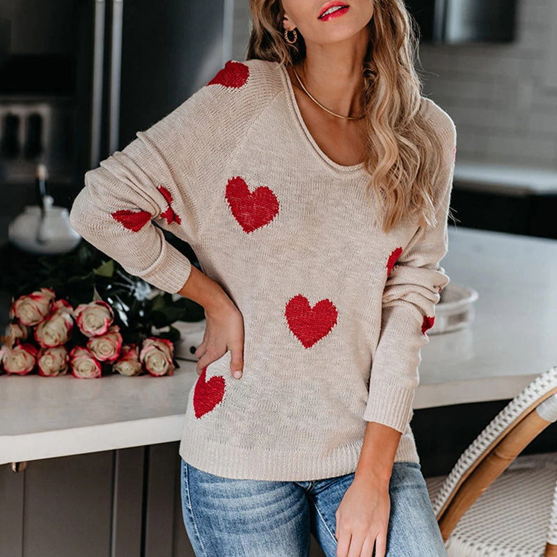 Herz V-Ausschnitt Strick Langarm Pullover