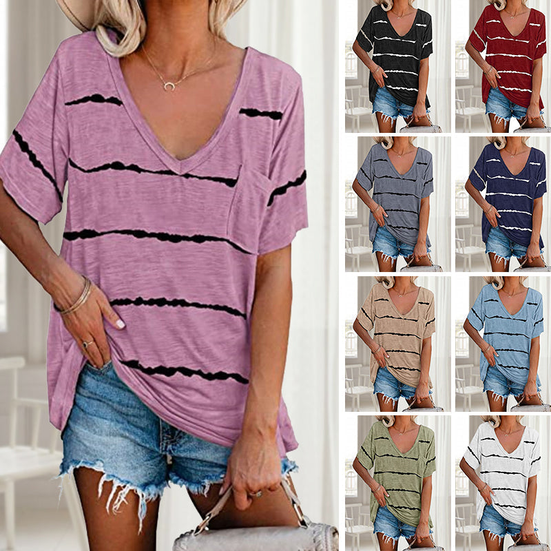 Damen lockeres gestreiftes kurzärmeliges T-shirt mit Taschen