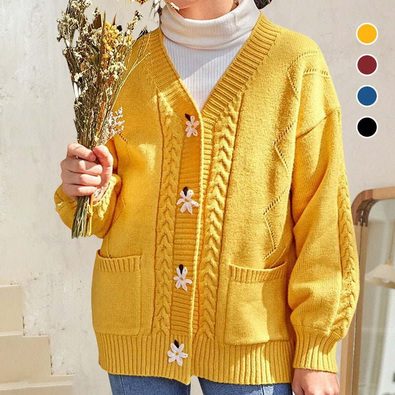 Langärmliger Blumenpullover mit V-Ausschnitt