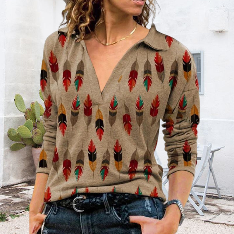 Damen Bedrucktes Langärmliges T-Shirt mit V-Revers