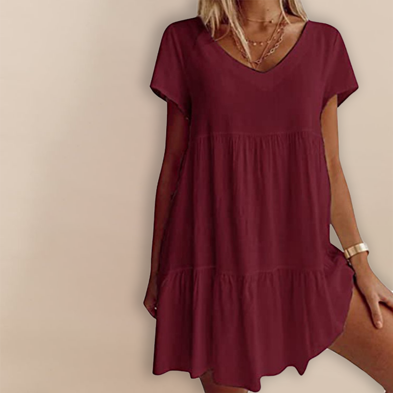 Lässiges Kurzarm-Webkleid mit V-Ausschnitt